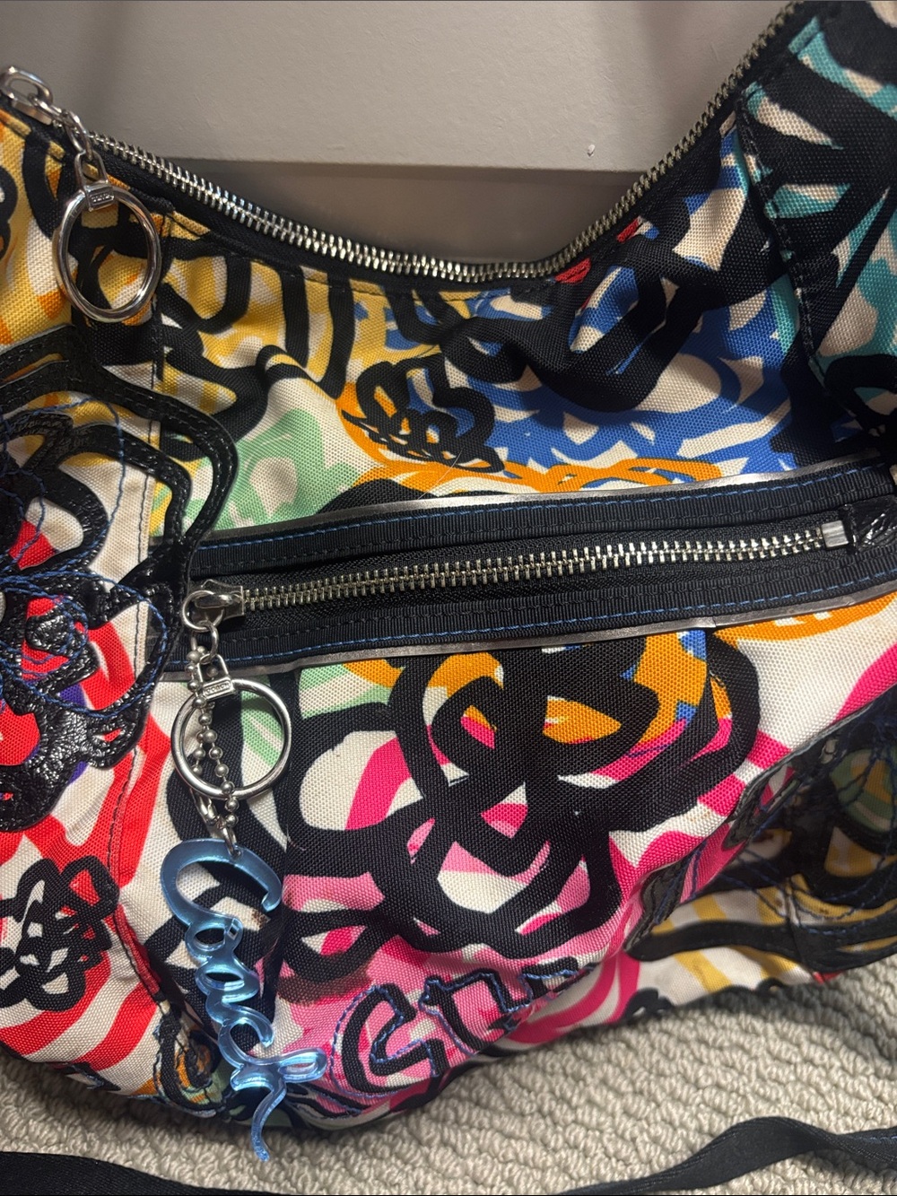 Coach Multicolor Floral Canvas Shoulder Bag with Black Trim - Picture 3 of 7